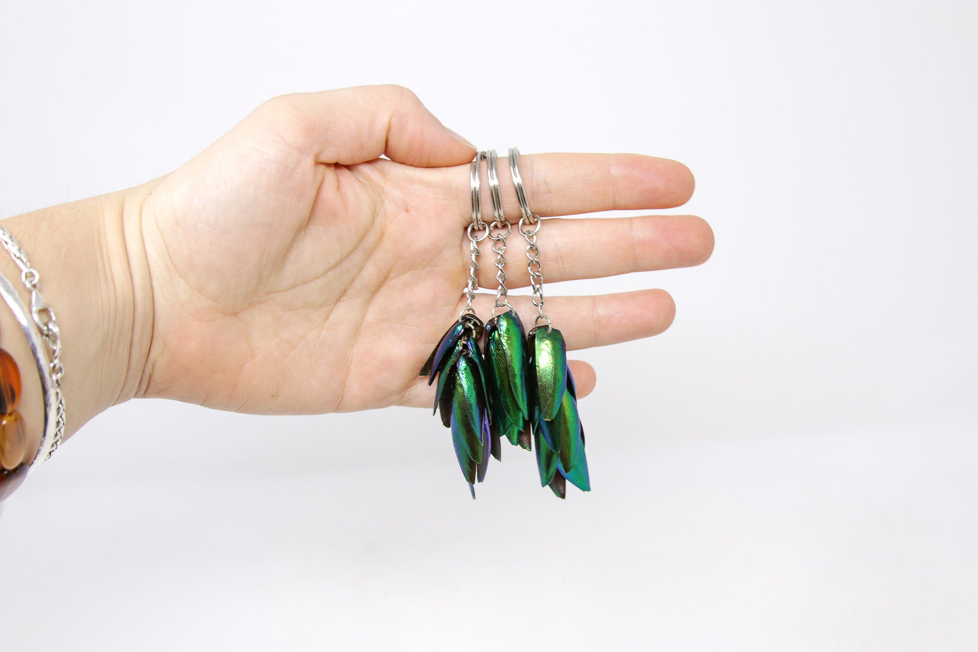 3 Jewel Beetle Keyrings Keychains - Real Metallic Green Beetle Wings Elytra