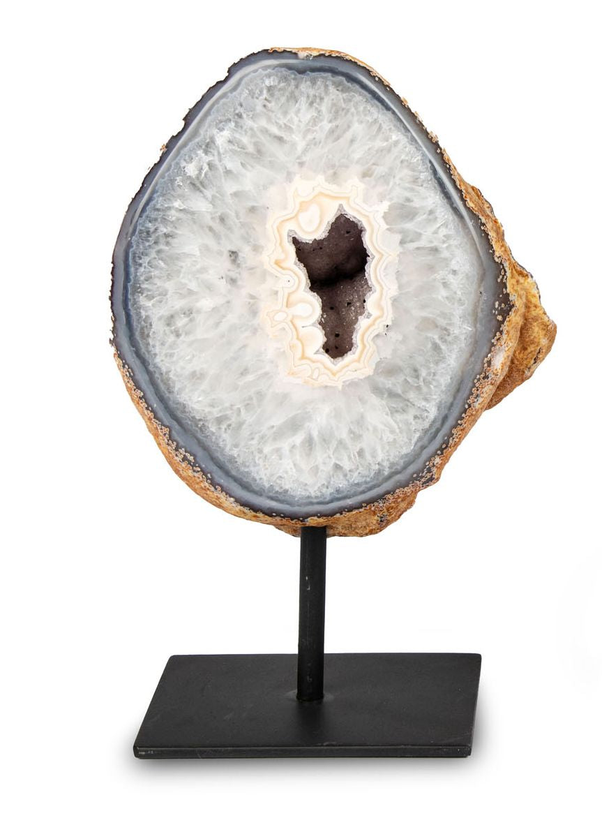 Natural Agate Geode on Metal Base | Brazilian Mineral Display Piece