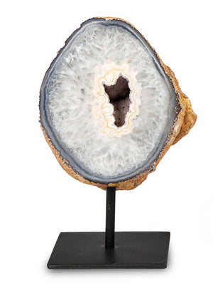 Natural Agate Geode on Metal Base | Brazilian Mineral Display Piece