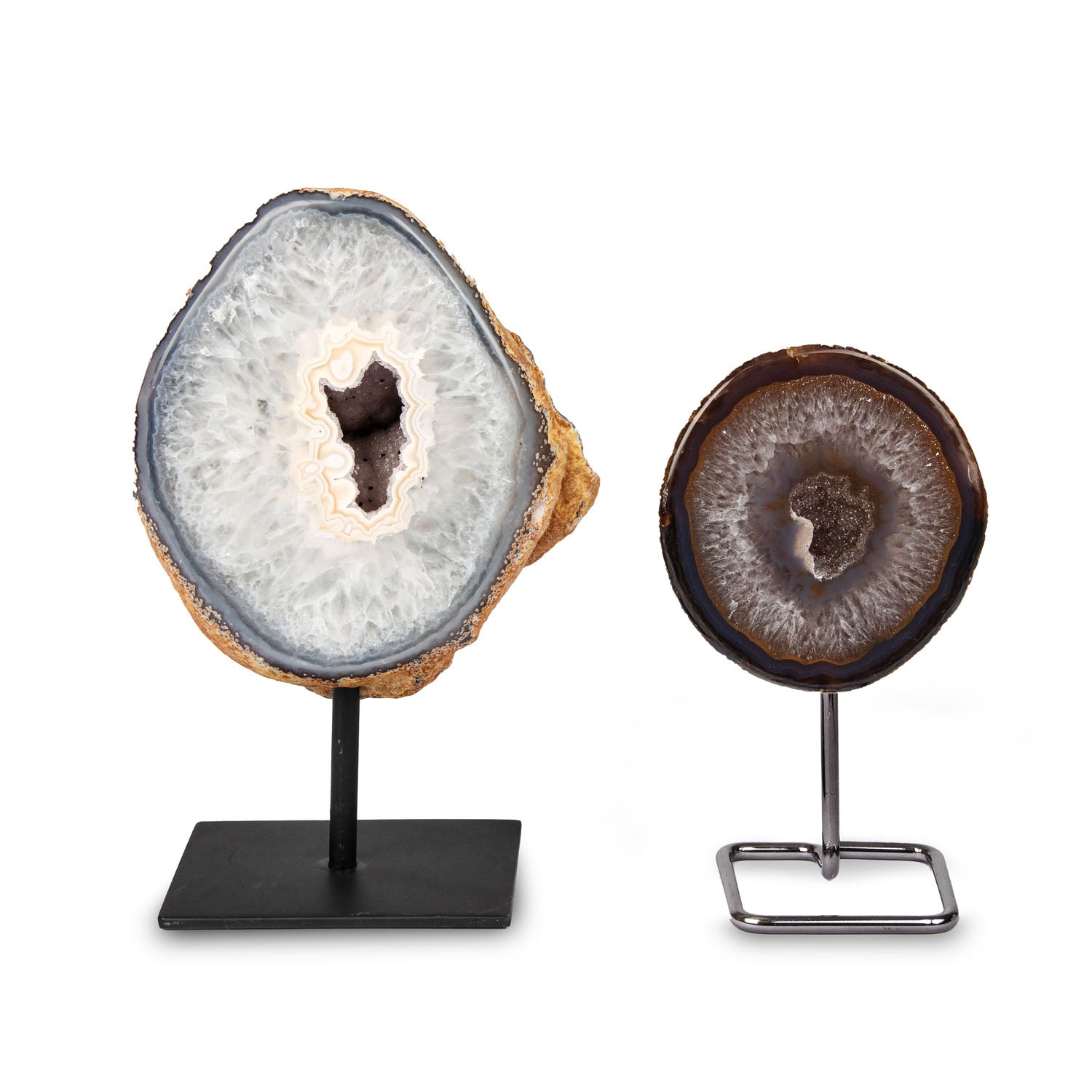 Natural Agate Geode on Metal Base | Brazilian Mineral Display Piece