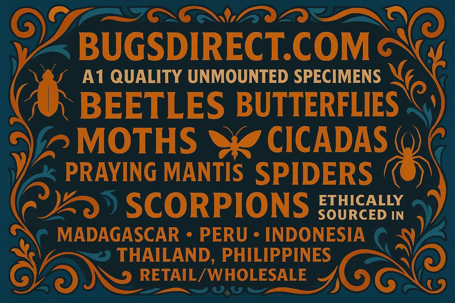 bugsdirect.com A1 quality unmounted specimens beetles butterflies moths cicadas praying mantis spiders scorpions Ethically sourced in Madagascar, Peru, Indonesia, Thailand, Philippines. Retail/wholesale banner